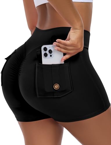 STARBILD Damen Sport Shorts mit Taschen Cargo Scrunch Butt V Cross, 4.5" Leggings Kurze Push Up, für Workout Gym Fitness Yoga, 11.5cm Inseam V Cross - Schwarz XS von STARBILD