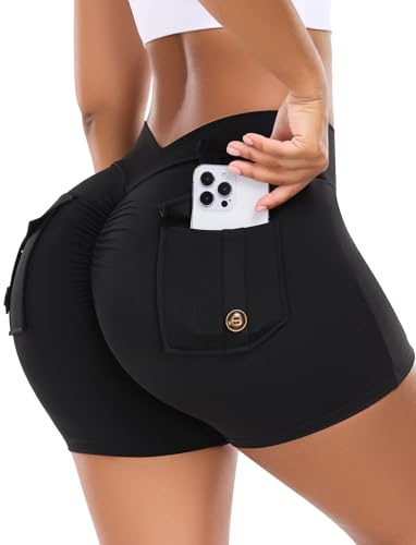 STARBILD Damen Sport Shorts mit Taschen Cargo V Back Scrunch Butt, 4.5" Leggings Kurze Push Up, für Workout Gym Fitness Yoga, 11.5cm Inseam V Back - Schwarz S von STARBILD