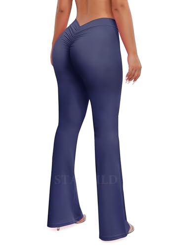 STARBILD Damen V-RüCken Yogahose mit Ausgestelltem Bein, Bootcut Legging V Back Scrunch, Workout Bootleg Arbeitshose Butterweiche, V Back Ruched - Blau M von STARBILD