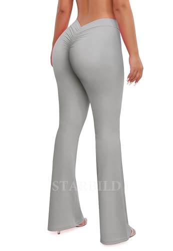 STARBILD Damen V-RüCken Yogahose mit Ausgestelltem Bein, Bootcut Legging V Back Scrunch, Workout Bootleg Arbeitshose Butterweiche, V Back Ruched - Grau L von STARBILD