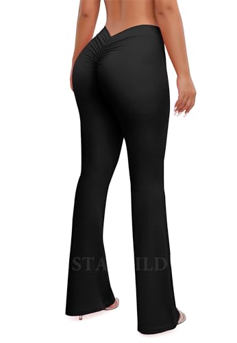 STARBILD Damen V-RüCken Yogahose mit Ausgestelltem Bein, Bootcut Legging V Back Scrunch, Workout Bootleg Arbeitshose Butterweiche, V Back Ruched - Schwarz XXL von STARBILD