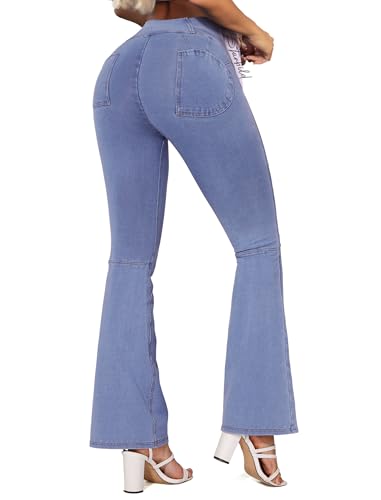 STARBILD Flared Fit Jeans Damen, High Waist V Crossover Schlaghose, Female Bootcut Stretch Hose, Pull On Jeans - Blau S von STARBILD