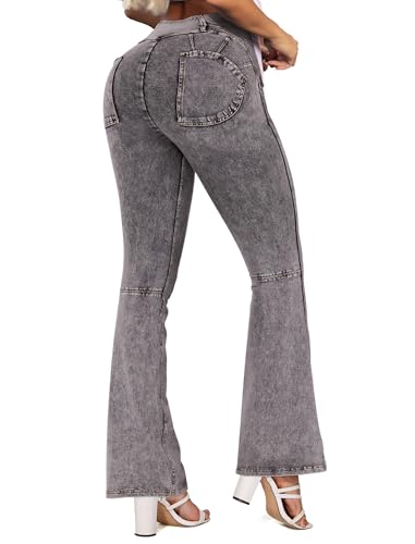 STARBILD Flared Fit Jeans Damen, High Waist V Crossover Schlaghose, Female Bootcut Stretch Hose, Pull On Jeans - Grau M von STARBILD