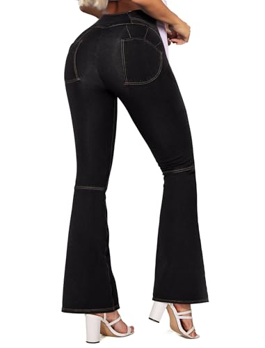STARBILD Flared Fit Jeans Damen, High Waist V Crossover Schlaghose, Female Bootcut Stretch Hose, Pull On Jeans - Schwarz L von STARBILD