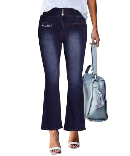 STARBILD Flared Leg Fit Jeans mit Tasche Vorne Damen, High Waist Ausgestellte Jeanshose mit Schlag, Vordertasche - Dunkelblau M von STARBILD