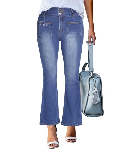 STARBILD Flared Leg Fit Jeans mit Tasche Vorne Damen, High Waist Ausgestellte Jeanshose mit Schlag, Vordertasche - Hellblau M von STARBILD