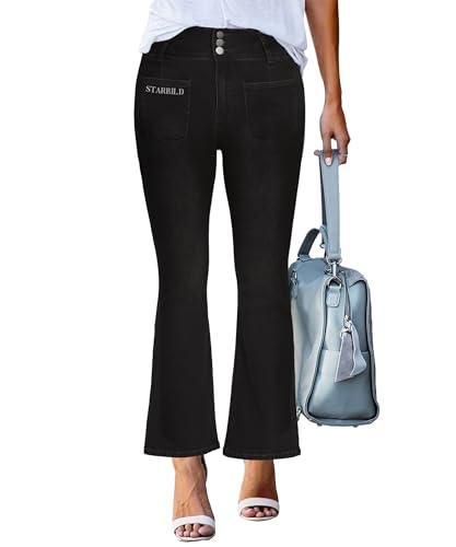 STARBILD Flared Leg Fit Jeans mit Tasche Vorne Damen, High Waist Ausgestellte Jeanshose mit Schlag, Vordertasche - Schwarz S von STARBILD
