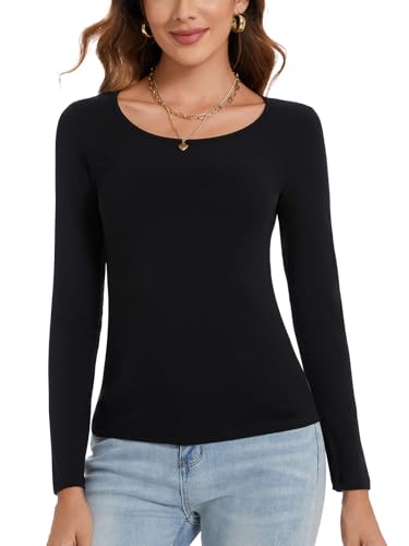 STARBILD Langarmshirt Damen Slim Fit Basic Oberteile Casual Shirt Einfarbig Pullover Tunika Langrm Top Scoop-Ausschnitt Schwarz XL von STARBILD