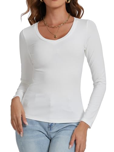 STARBILD Langarmshirt Damen Slim Fit Basic Oberteile Casual Shirt Einfarbig Pullover Tunika Langrm Top V-Ausschnitt Weiß XL von STARBILD