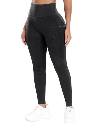 STARBILD Leggings Damen Sport Nahtlose Gerippt High Waist für Gym, Gerippte - Schwarz XXL von STARBILD