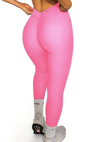 STARBILD Leggings Tiefer V Back Shape Sport, Damen Lange Yogahosen Blickdicht Scrunch Butt, für Fitness Gym Alltag, V Rücken - Barbie Pink M von STARBILD