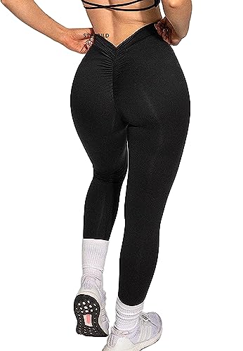 STARBILD Leggings Tiefer V Back Shape Sport, Damen Lange Yogahosen Blickdicht Scrunch Butt, für Fitness Gym Alltag, V Rücken - Schwarz XL von STARBILD