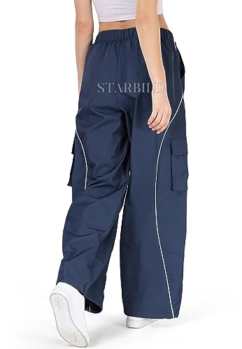 STARBILD Parachute Hose Vintage Baggy Y2K mit Elastischen Knöcheln, Hosen Cargo Multi Taschen Relaxed-Fit Weites Bein, Streetwear Elastische Taille Parachute Pants, Y2K Blau XL von STARBILD