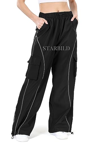 STARBILD Parachute Hose Vintage Baggy Y2K mit Elastischen Knöcheln, Hosen Cargo Multi Taschen Relaxed-Fit Weites Bein, Streetwear Elastische Taille Parachute Pants, Y2K Schwarz M von STARBILD