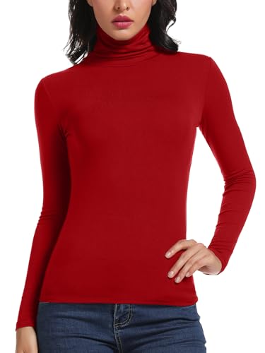 STARBILD Rollkragenpullover Damen Langarm Shirt Turtleneck Basic Oberteile High Collar Pullover Slim Fit Top für Herbst und Winter Rot Large von STARBILD
