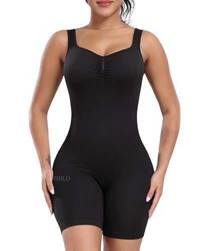 STARBILD Rückenfreie Jumpsuit Kurz für Damen Eng Nahtlos, Sport Workout Romper Ärmellos Sexy, Einteiler Tank Top für Gym Fitness, Scrunch Butt - Schwarz L von STARBILD