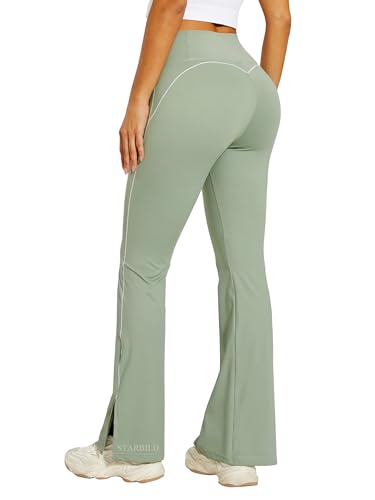 STARBILD Schlaghose Damen Sport Blickdicht Leggings Flared, High Waist Yogahose Hosensaum mit Schlitz für Fitness Gym Alltag, Mit Schlitz - Grün L von STARBILD