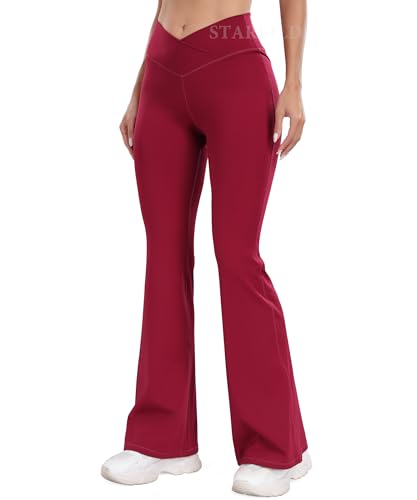 STARBILD Schlaghose Damen Sport Leggings Flared, High Waist Crossover Yogahose Blickdicht für Fitness Gym Alltag, Cross Waisted - Rot L von STARBILD