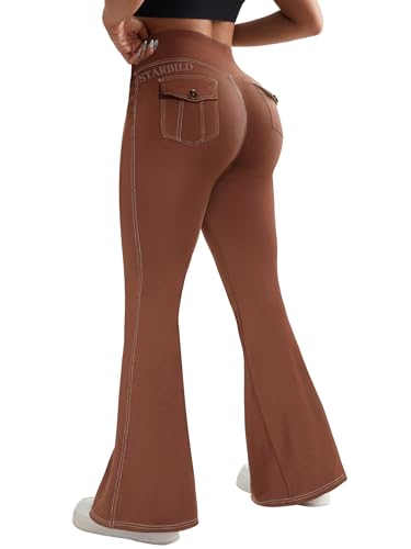 STARBILD Schlaghose Damen Sport Leggings Flared, High Waist Yogahose mit Klappentaschen Blickdicht für Fitness Gym Alltag, Cargo Tasche - Braun M von STARBILD
