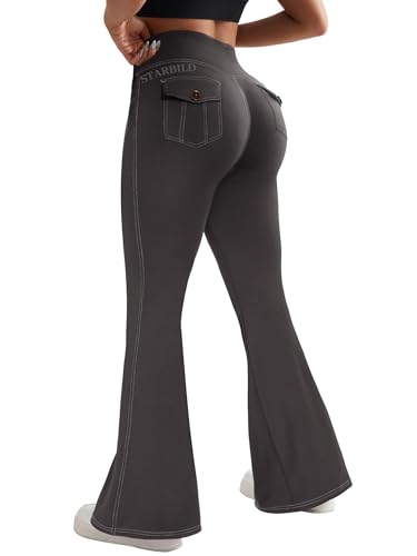 STARBILD Schlaghose Damen Sport Leggings Flared, High Waist Yogahose mit Klappentaschen Blickdicht für Fitness Gym Alltag, Cargo Tasche - Grau M von STARBILD
