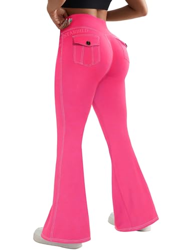 STARBILD Schlaghose Damen Sport Leggings Flared, High Waist Yogahose mit Klappentaschen Blickdicht für Fitness Gym Alltag, Cargo Tasche - Rosa L von STARBILD