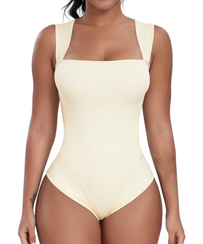 STARBILD Shapewear Damen Bauchweg Tanga, Bodysuit Eng Nahtlos Ärmellos, Formende Bodys Gerippte Jumpsuit Thong, Eckigem Ausschnitt - Weiß M von STARBILD