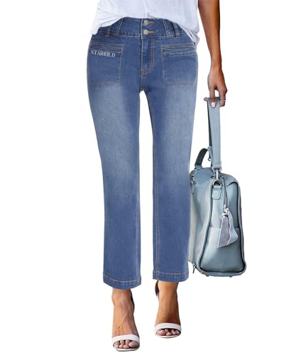 STARBILD Straight Leg Fit Jeans Damen, High Waist Boyfriend Jeanshose mit Tasche Vorne Eleganz, Vordertasche - Hellblau XXL von STARBILD