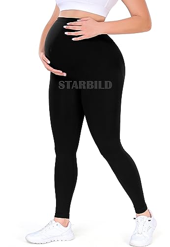 STARBILD Umstandsleggings Lang Damen, Umstandshose Blickdichte, Nahtlose Leggings Umstandsmode, Hosen für Schwangere, Nahtlose Schwarz S von STARBILD