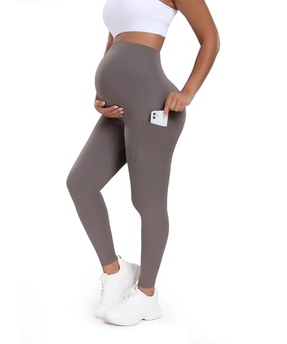 STARBILD Umstandsleggings Lang Damen, Umstandshose Blickdichte, Nahtlose Leggings Umstandsmode für Schwangere, Nahtlose mit Taschen Grau L von STARBILD