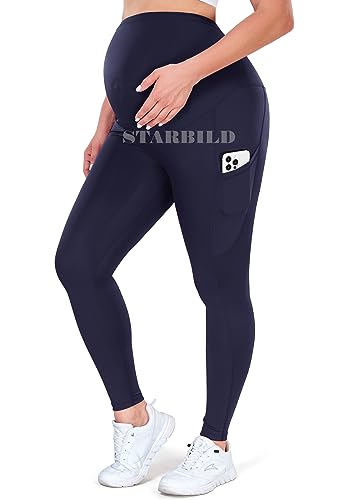 STARBILD Umstandsleggings mit Taschen über dem Bauch, Blickdichte Lange Umstandshose, Nicht Durchsichtig Umstandsmode für Schwangere, N9940 Tasche Blau M von STARBILD