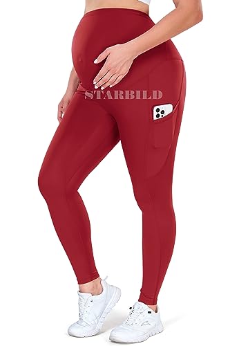 STARBILD Umstandsleggings mit Taschen über dem Bauch, Blickdichte Lange Umstandshose, Nicht Durchsichtig Umstandsmode für Schwangere, N9940 Tasche Rot L von STARBILD