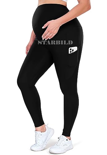 STARBILD Umstandsleggings mit Taschen über dem Bauch, Blickdichte Lange Umstandshose, Nicht Durchsichtig Umstandsmode für Schwangere, N9940 Tasche Schwarz S von STARBILD