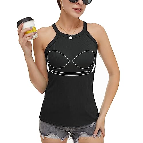 STARBILD Women's Halterneck Sleeveless Camisole mit integriertem BH Yoga Sport BH Athletic Schlank Ärmelloses Sommeroberteil Ribbed Knit Cami Top Schwarz L von STARBILD