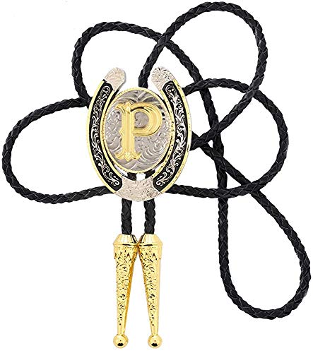 STARBRILLIANT Fashion Cowboy Western Krawatte Gold Initiale A Bis Z Cowboy Bolo Krawatte Mit Silbernem Hufeisen Muster Rand(P) von STARBRILLIANT