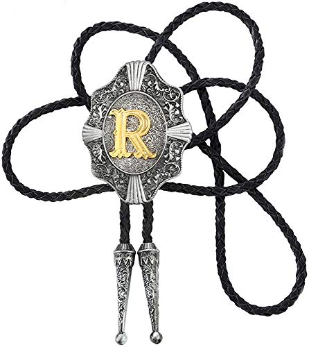 STARBRILLIANT Vintage Western Cowboy Krawatte Golden Initiale A Bis Z Cowboy Bolo Krawatte Mit Gun Black European Retro Muster Rand (R) von STARBRILLIANT