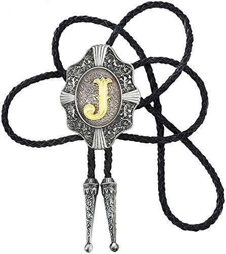 STARBRILLIANT Vintage Western Cowboy Krawatte Golden Initiale A Bis Z Cowboy Bolo Krawatte Mit Gun Black European Retro Muster Rand (J) von STARBRILLIANT