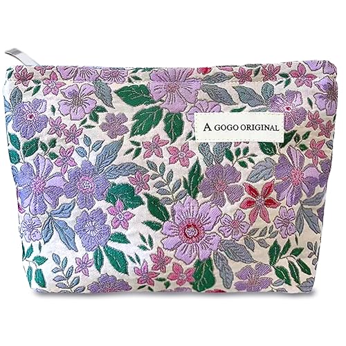 STARDW Kosmetiktasche mit Blumenmotiv für Damen und Mädchen, Reise-Make-up-Tasche, große Kapazität, Canvas-Make-up-Tasche, Make-up-Organizer-Tasche mit Reißverschluss, Lila Blumenmuster, Große von STARDW