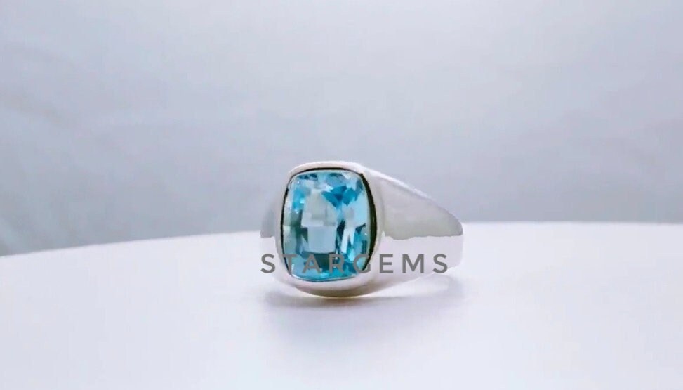 Schweizer Blautopas Herrenring Massiv 925 Sterling Silber Ring Ehering Geburtstag Personalisierte Geschenk Für Vater Bruder & Freund von STARGEMSJEWELS