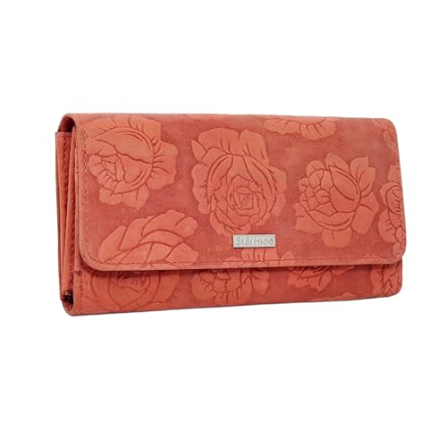 StarHide Frauen RFID Blocking Wallet | Damen Echte Distressed Leder Geprägte Rose Floral Geldbörse | Stilvolle Klappe über Lange Geldbörse mit Reißverschluss - 5580 (Rot) von STARHIDE