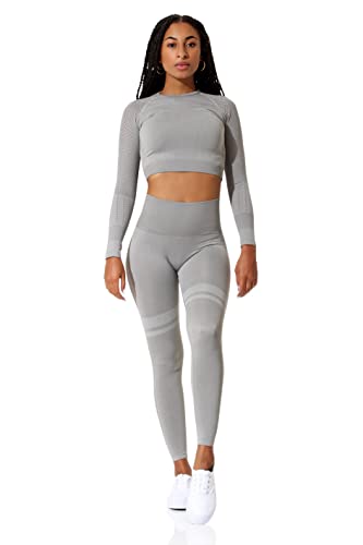 Fitness Set - Crop-Top Longsleeve und Sport Leggings High Waist | Farbe: Grau-Melange, Größe: M von STARK SOUL