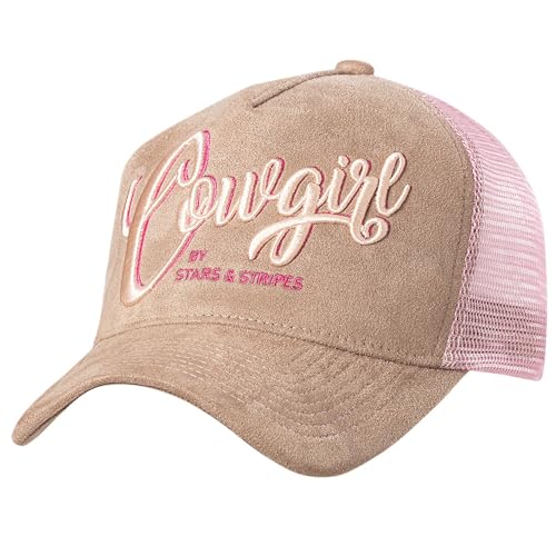STARS & STRIPES Western-Mode Trucker Cap Cowgirl – Braun & Pink mit 3D-Bestickung & Wildlederoptik | Verstellbare Snapback-Cap von STARS & STRIPES
