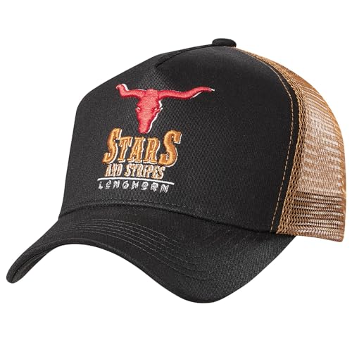 STARS & STRIPES Western-Mode Trucker Cap Longhorn Black – Schwarz & Braun mit Bestickung & Mesh-Einsatz | Verstellbare Snapback-Cap von STARS & STRIPES
