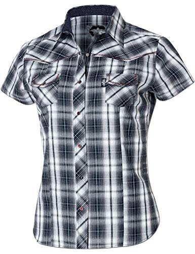 STARS & STRIPES Larissa Westernbluse für Damen – Weiß-Schwarz-Rot, Ziernähte & Blümchenbesatz von STARS & STRIPES