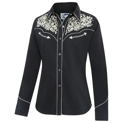 STARS & STRIPES Damen Westernbluse Holly – Langarm, Schwarz mit Goldstickerei & Strass, Elegante Cou von STARS & STRIPES