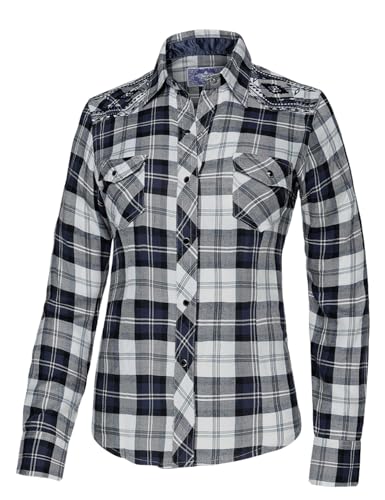 STARS & STRIPES Pasadena Blue Westernbluse für Damen – Blau-Weiß kariert, Stickerei & Satinbesatz von STARS & STRIPES
