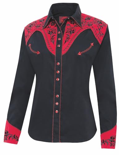 STARS & STRIPES Dolly Westernbluse für Damen – Schwarz-Rot, Stickerei & Kordelpaspelierung von STARS & STRIPES