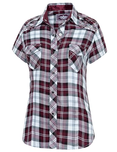 STARS & STRIPES Pasadena Short Westernbluse für Damen – Rot-Weiß kariert, Stickerei & Satinbesatz von STARS & STRIPES