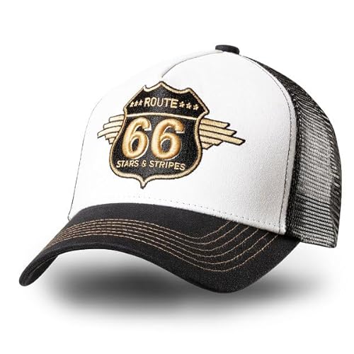 STARS & STRIPES Western-Mode Trucker Cap Route 66 – Schwarz & Weiß mit Bestickung & Mesh-Einsatz | Verstellbare Snapback-Cap von STARS & STRIPES