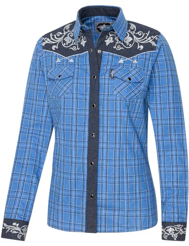 STARS & STRIPES Westernbluse Laura – Blau & Schwarz | Karierte Bluse mit Stickerei | Western-Look von STARS & STRIPES