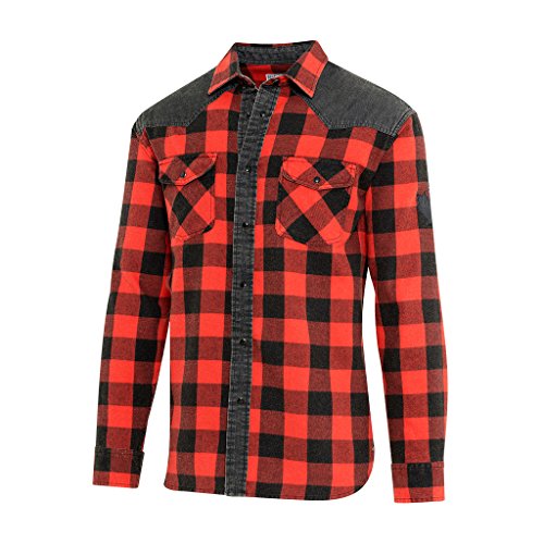 STARS & STRIPES Westernhemd Lumberjack Red – Stone-Washed Look mit Black-Denim Schulterbesatz & Ahornblatt-Applikation von STARS & STRIPES